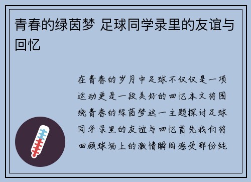 青春的绿茵梦 足球同学录里的友谊与回忆