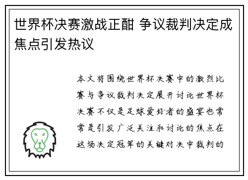世界杯决赛激战正酣 争议裁判决定成焦点引发热议