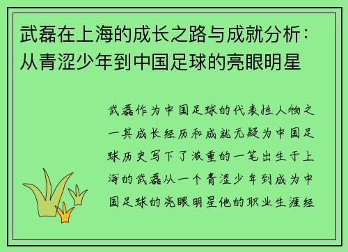 武磊在上海的成长之路与成就分析：从青涩少年到中国足球的亮眼明星