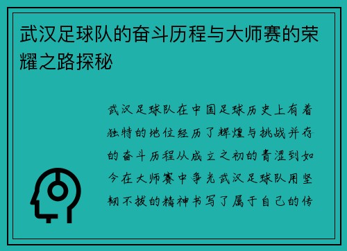 武汉足球队的奋斗历程与大师赛的荣耀之路探秘