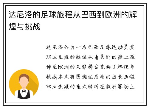 达尼洛的足球旅程从巴西到欧洲的辉煌与挑战